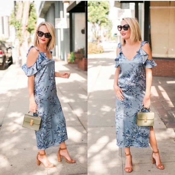 WAYF Quinn Floral Satin Midi Slip Dress Cold Shoulder Ruffles Lined Blue S NWT - Picture 1 of 12